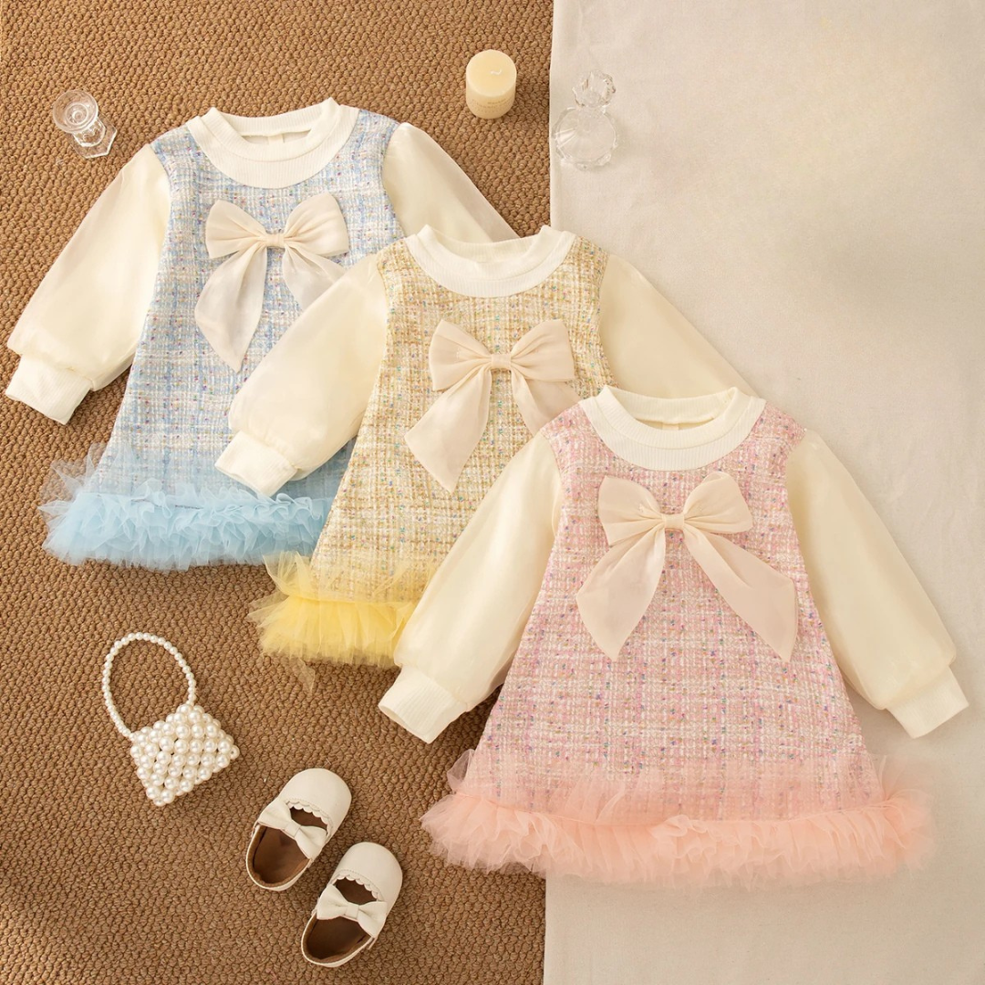 Baby Girl Tweed Dress with Bow and Tulle Hem