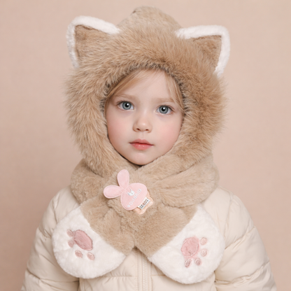 Beige Kitty Plush Hooded Scarf for Kids