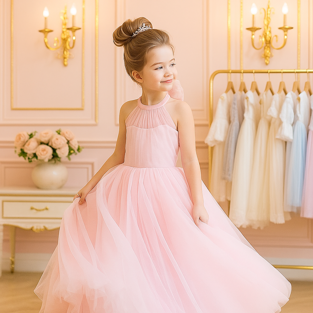 Long Pink Princess Tulle Dress for Girls