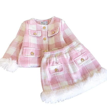 Pink Plaid & Faux Fur Girls' Set