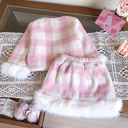 Pink Plaid & Faux Fur Girls' Set