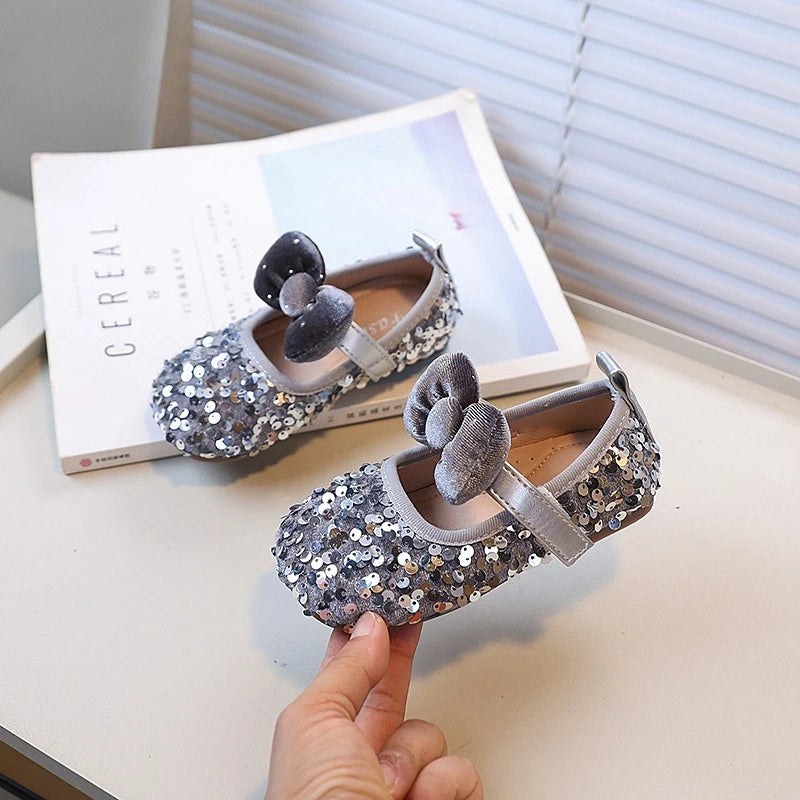 Velvet Bow Sequin Mary Jane Shoes