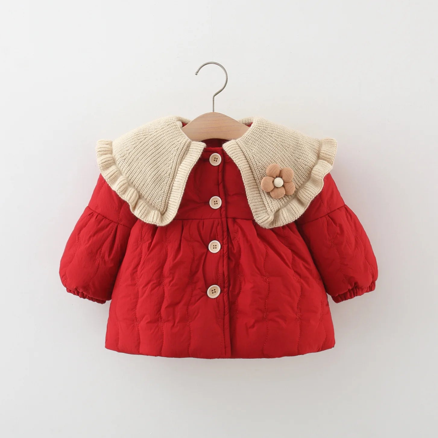 Red Quilted Kids Jacket with Knitted Collar and Flower