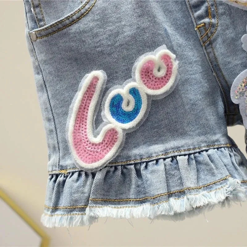 Sparkle Bunny Denim Shorts with Ruffles