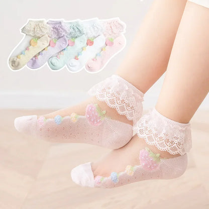 Charming Lace Heart Socks Set – 5 Pairs of Sheer Delight for Girls