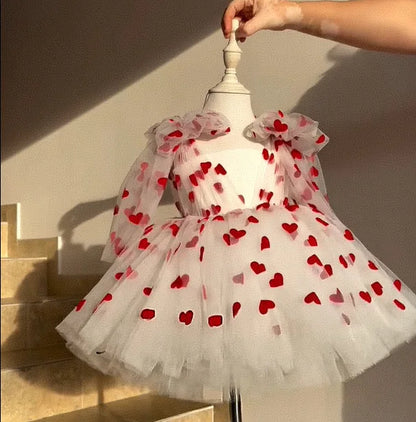 Little Girls’ White Tulle Dress with Red Hearts