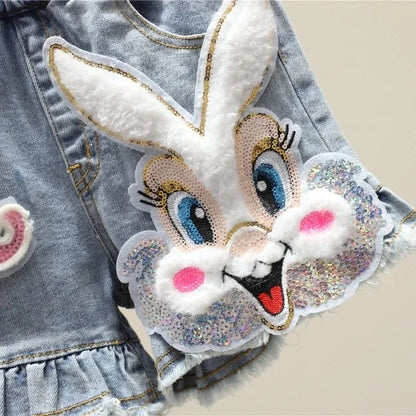Sparkle Bunny Denim Shorts with Ruffles