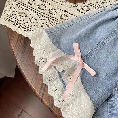 Sweet Lace Bow Denim Shorts