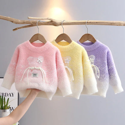 Gradient Teddy Bow Knit Sweater