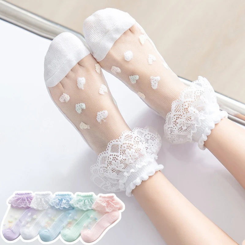 Charming Lace Heart Socks Set – 5 Pairs of Sheer Delight for Girls