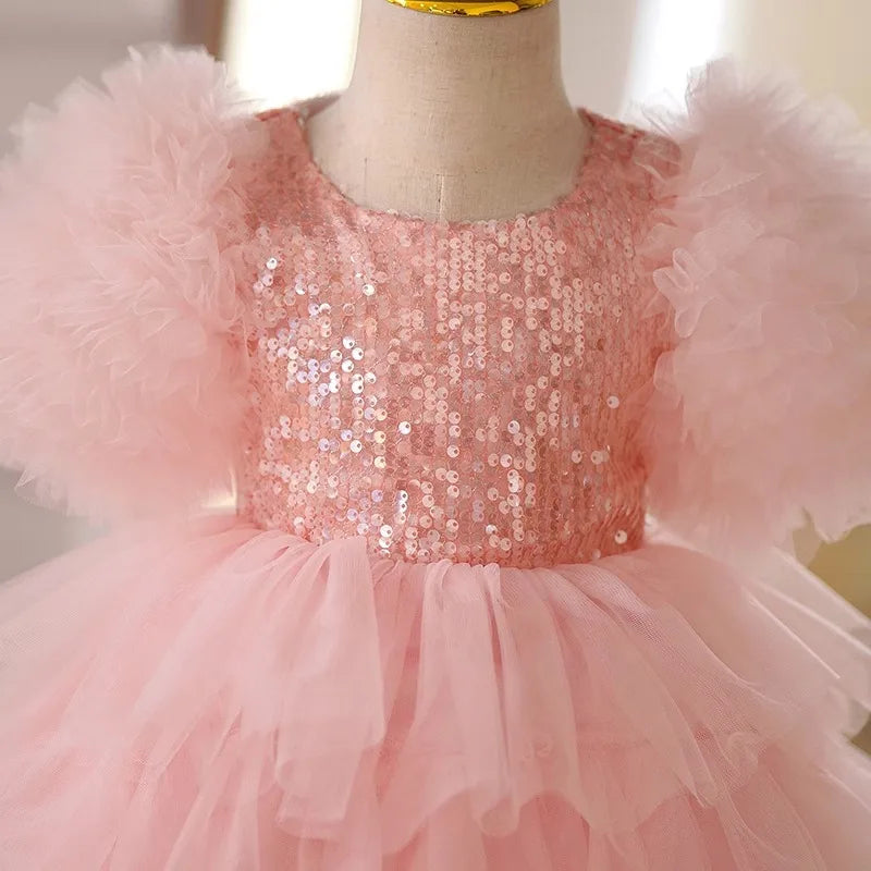 Princess-Style Pink Tulle Party Dress with Sequins