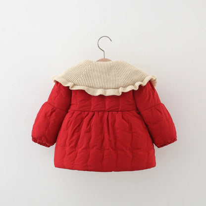 Red Quilted Kids Jacket with Knitted Collar and Flower