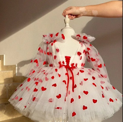 Little Girls’ White Tulle Dress with Red Hearts