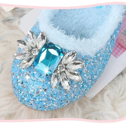 Kids Glitter Princess Shoes with Faux Fur and Jewels