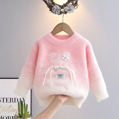 Gradient Teddy Bow Knit Sweater