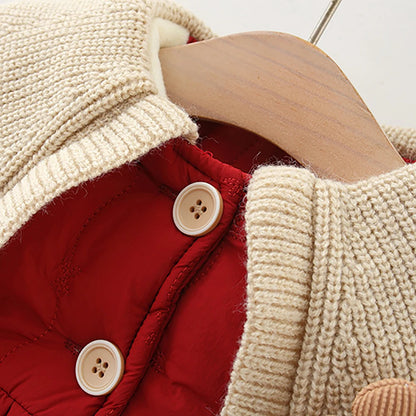 Red Quilted Kids Jacket with Knitted Collar and Flower
