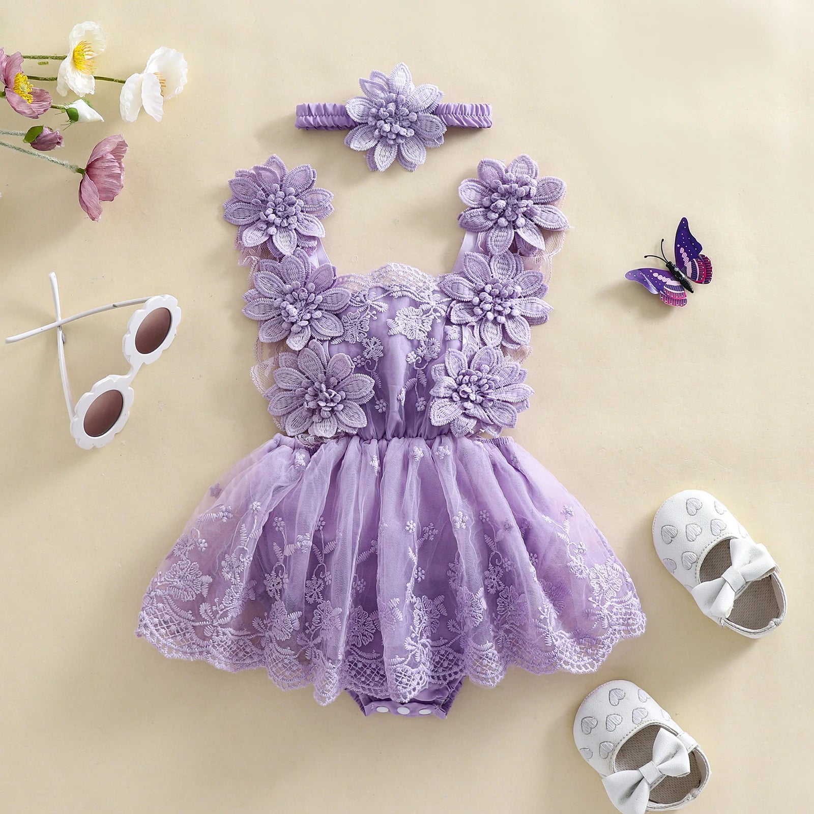 3D Blossom Lace Baby Romper Set
