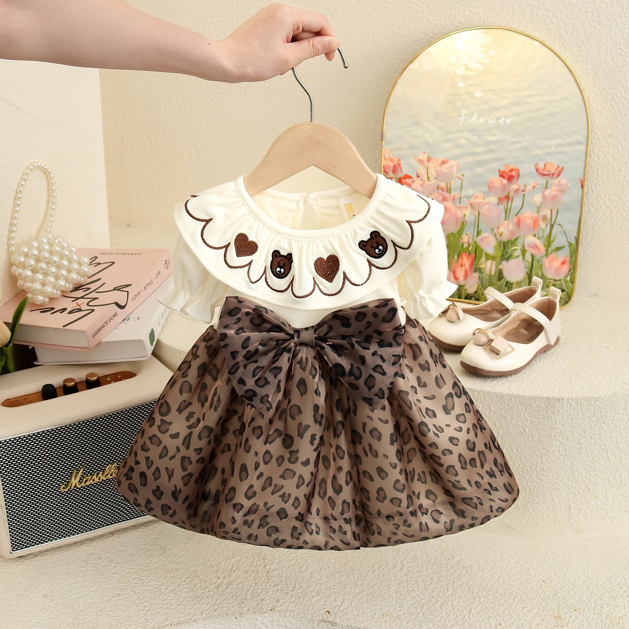 Baby Girl Bear Collar Leopard Dress