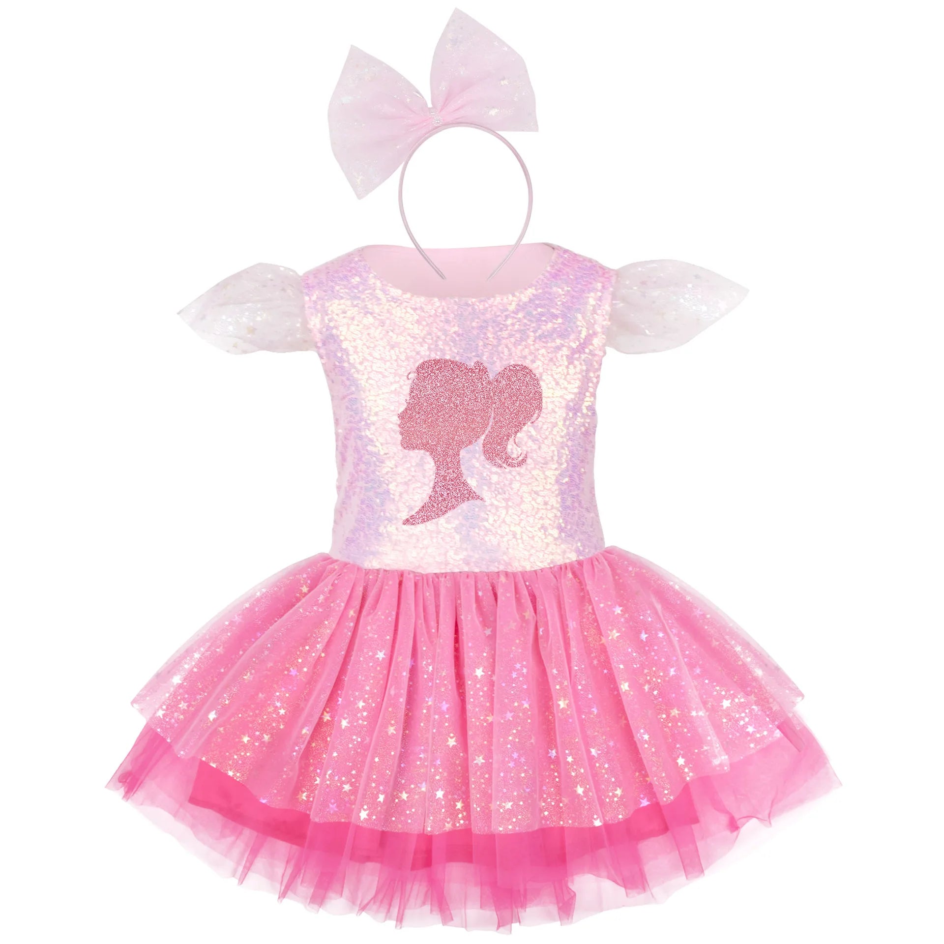 Pink Glamour Doll Dress for Girls with Bow Tiara