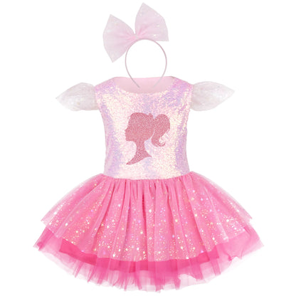 Pink Glamour Doll Dress for Girls with Bow Tiara