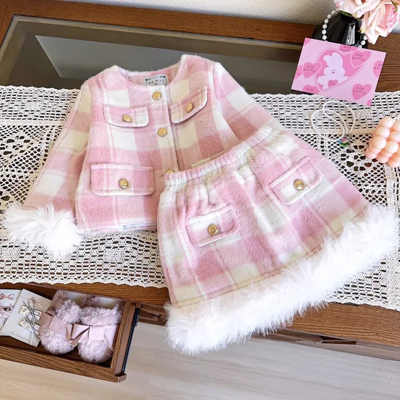 Pink Plaid & Faux Fur Girls' Set