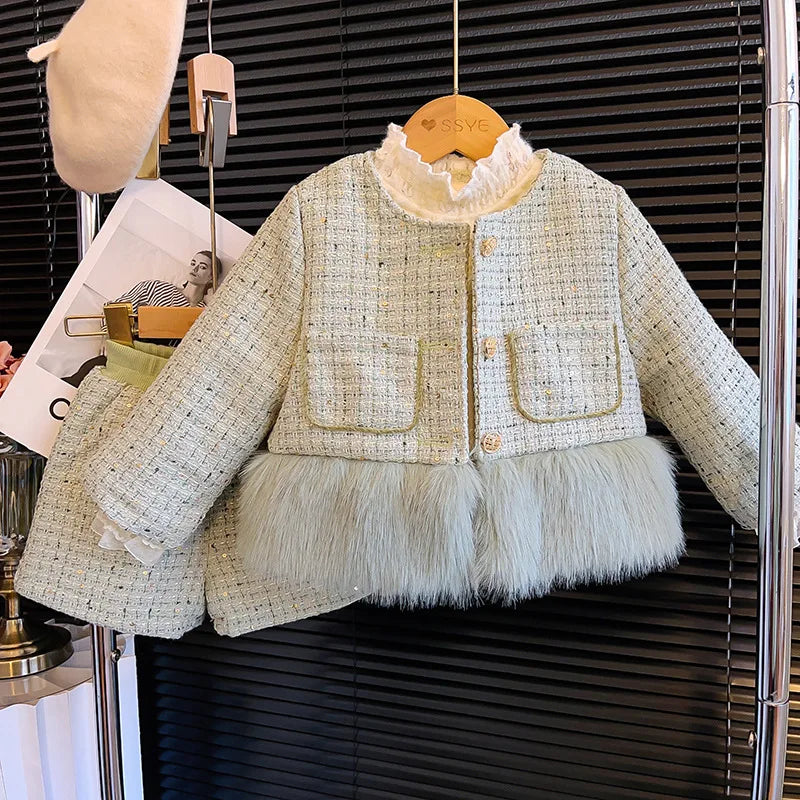 Green Tweed & Faux Fur Girls' Set