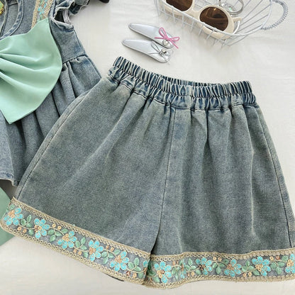 Floral Denim Green Bow Girls Set