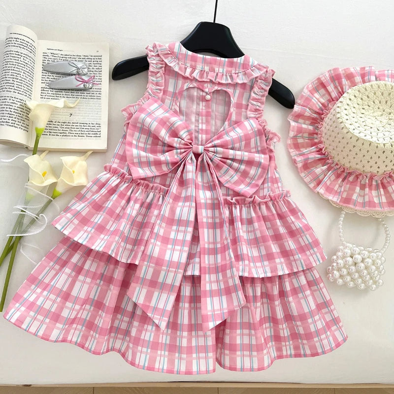 Sweetheart Bow Pink Plaid Dress for Girls