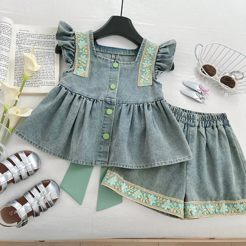Floral Denim Green Bow Girls Set