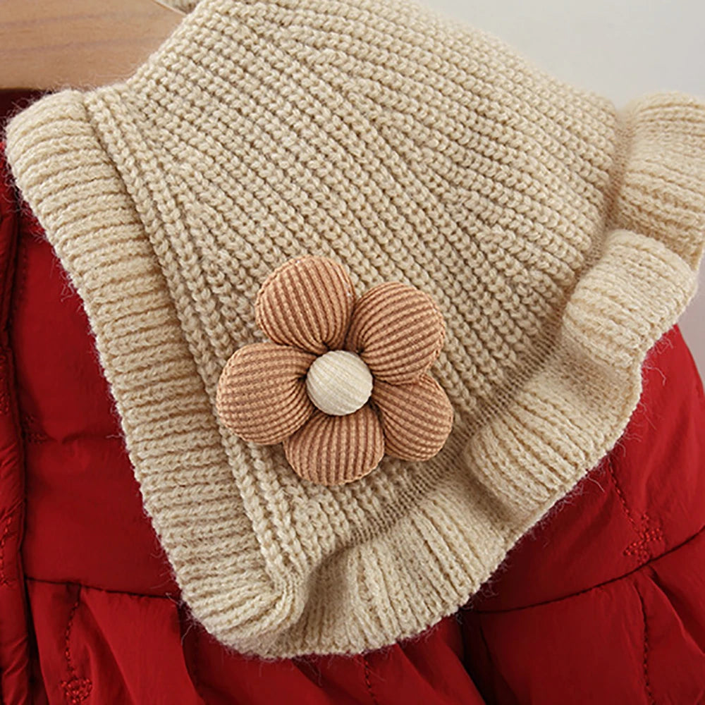 Red Quilted Kids Jacket with Knitted Collar and Flower