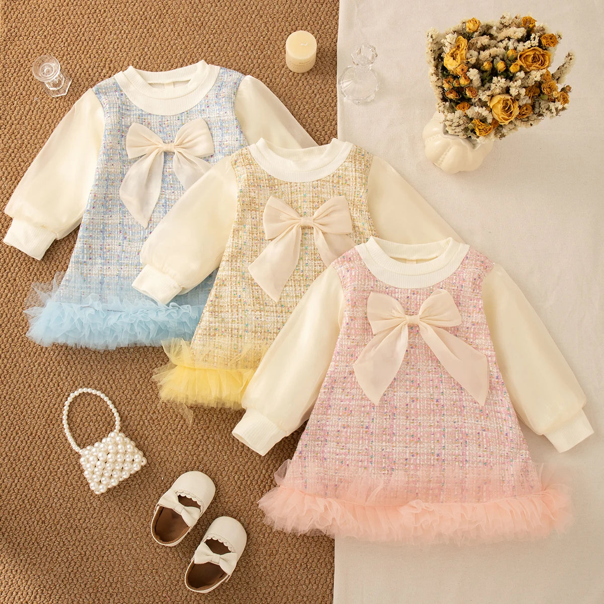 Baby Girl Tweed Dress with Bow and Tulle Hem