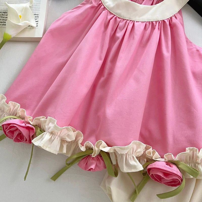 Pink Floral Appliqué Girls Set