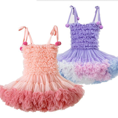 Pink & Purple Ruffle Pompom Tutu Dress