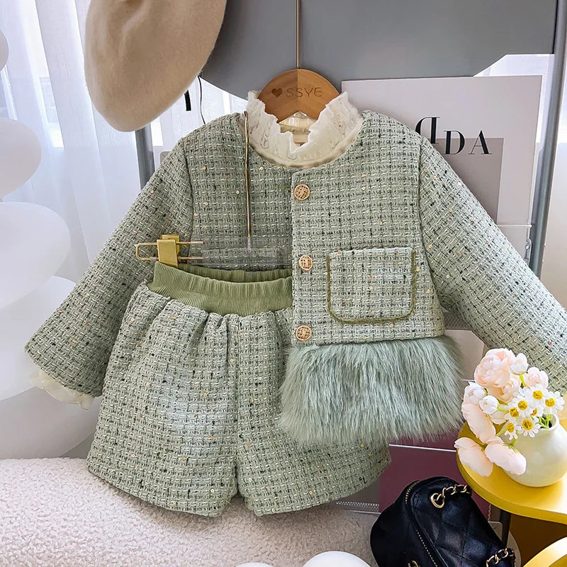 Green Tweed & Faux Fur Girls' Set