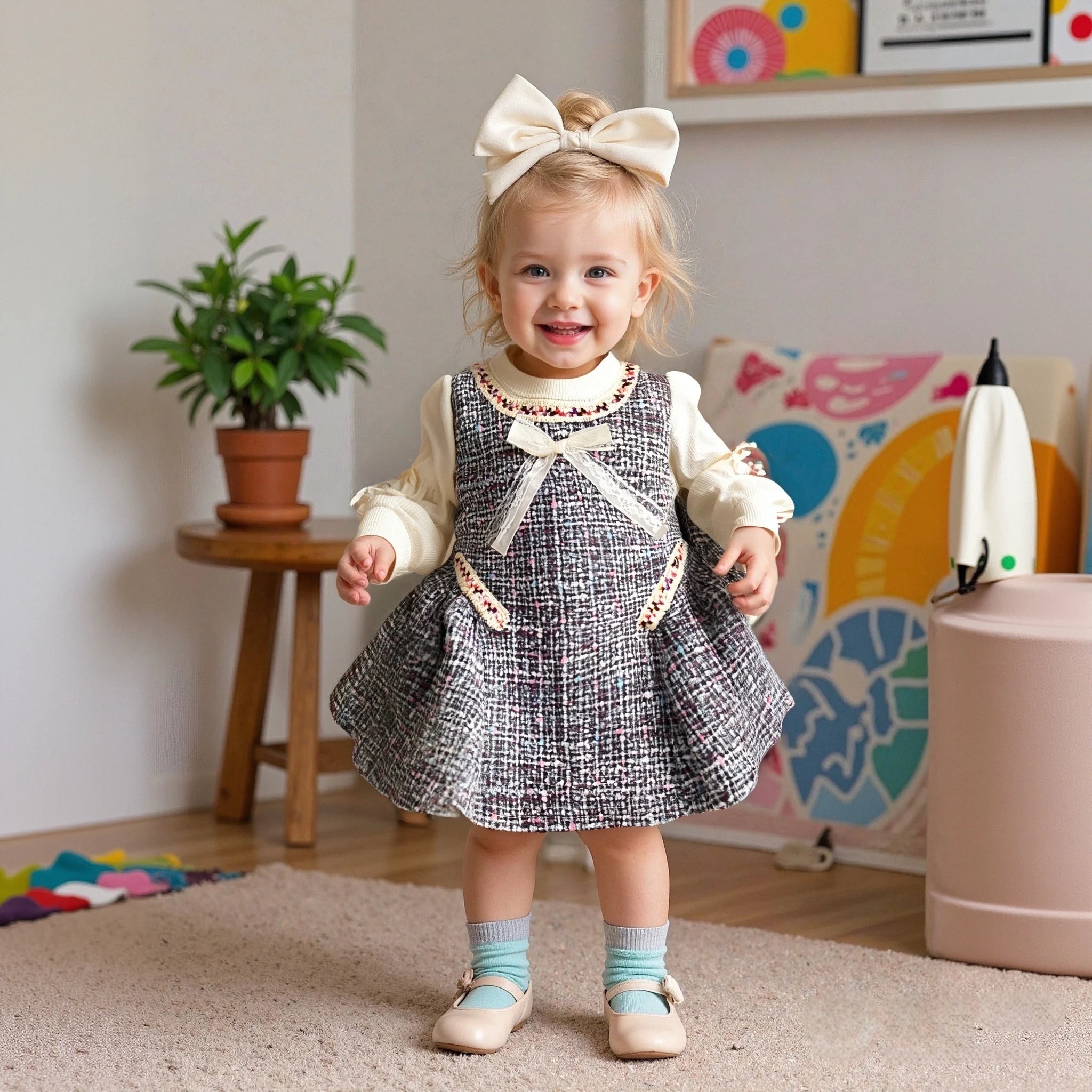 Baby Girl Tweed Dress with Long Sleeves